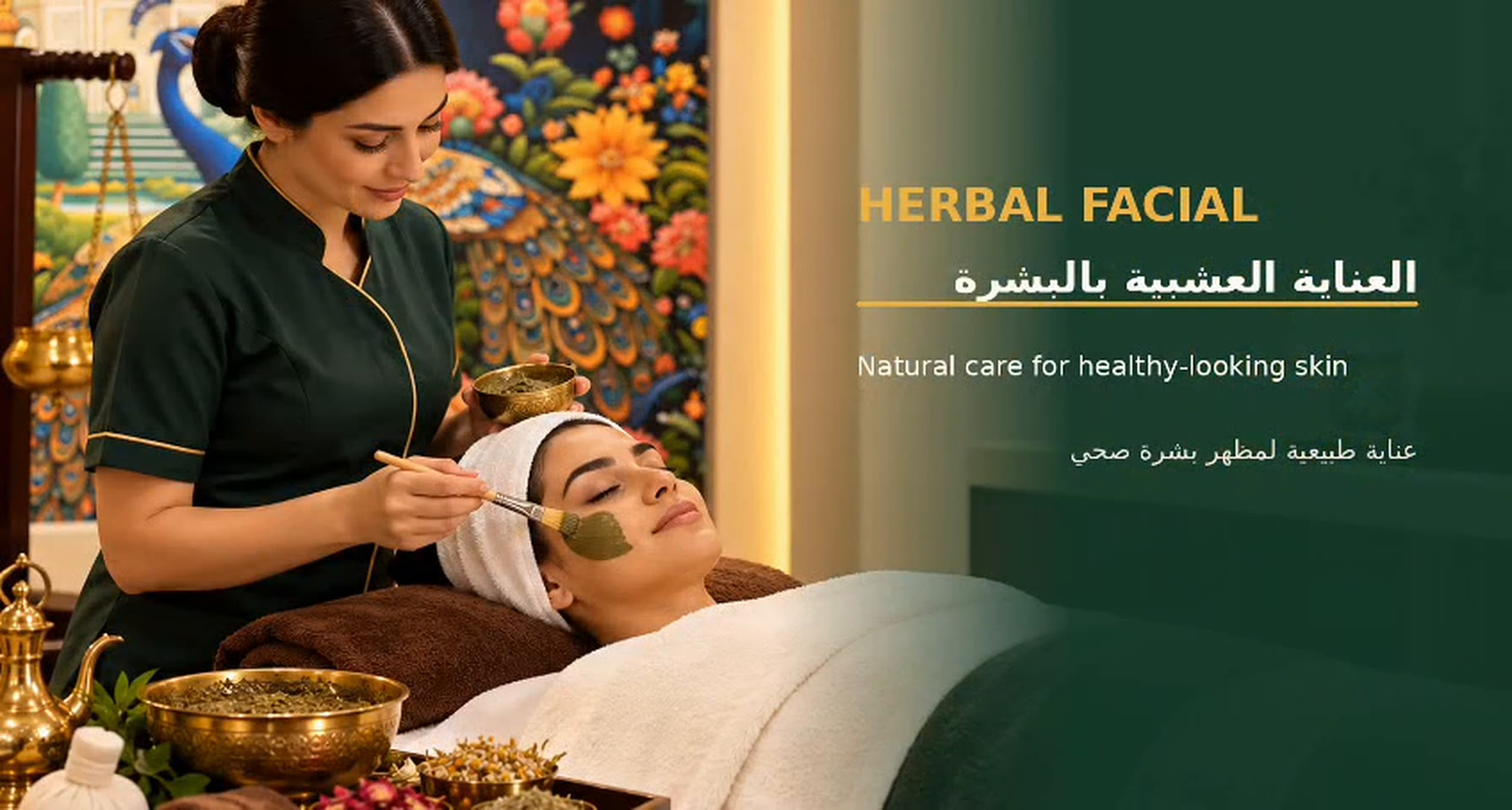 Herbal facial in a treatment room with brass vessels